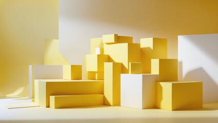 Vivid yellow geometric abstract background featuring cubes and structures. Ideal for presentations, branding, templates, and banners, this modern design incorporates white space.