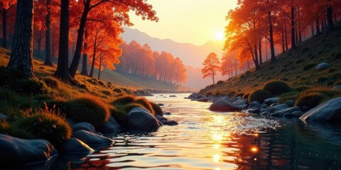 Serene Autumn River Scene Golden Hour Light Illuminates Vibrant Foliage and Calm Water Flowing Through Rocky Banks