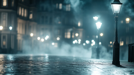Enigmatic Nightscape: The city's nocturnal embrace. a rain-slicked street, gas lamps casting an atmospheric glow over a hazy cityscape, evoking the mystery of urban nights. 