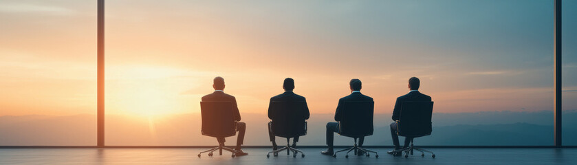 Obraz premium Four business professionals sit in modern boardroom, silhouetted against stunning sunset view