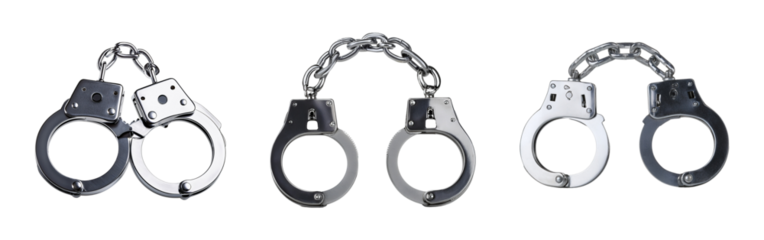 A set of three metal handcuffs displayed on a white background.