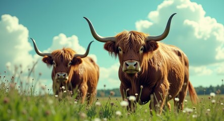 Highland cattle grazing in a lush field