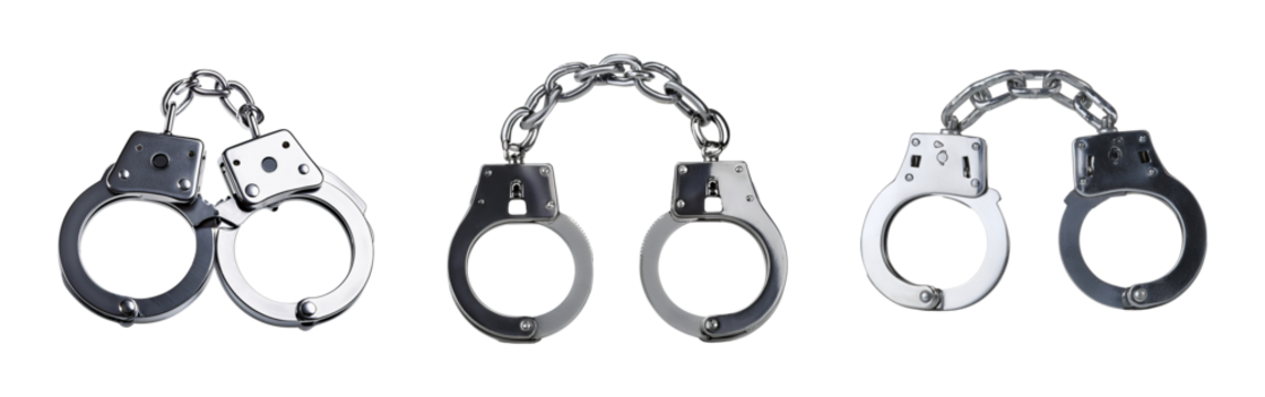 A set of three metal handcuffs displayed on a white background.