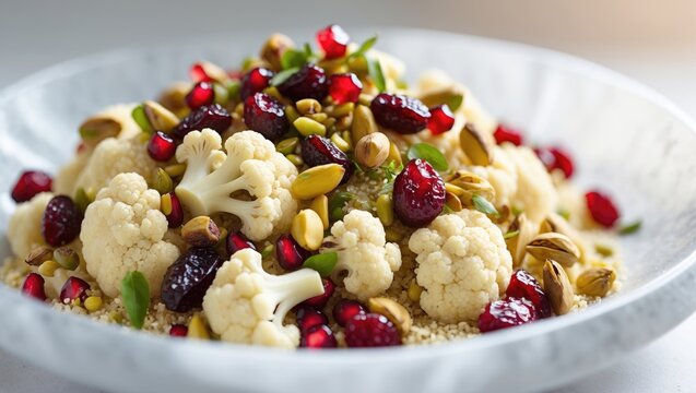 Couscous made from cauliflower featuring dried cranberry, pomegranate seeds, pistachio, and pine nuts