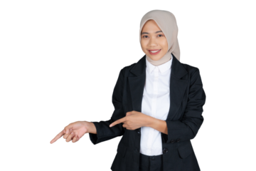 Portrait of Young Businesswoman in a Hijab Pointing Down isolated transparent