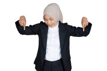 Portrait of Young Businesswoman in a Hijab Pointing Down isolated transparent