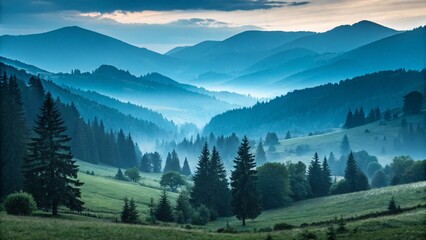 Obraz premium Misty Mountain Valley with Foggy Forest and Layered Peaks V1