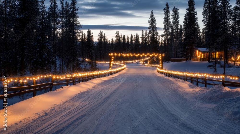 Poster a tranquil winter pathway is beautifully lit with glowing lights, surrounded by snow-laden trees cre