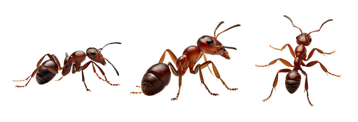 Three detailed images of ants displaying their diverse features and structures.