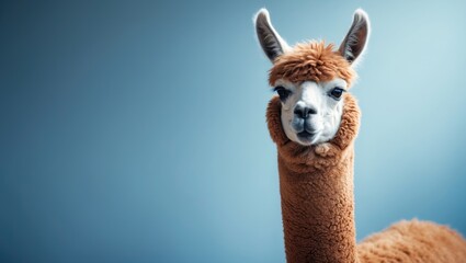 Obraz premium Adorable brown alpaca against a blue backdrop