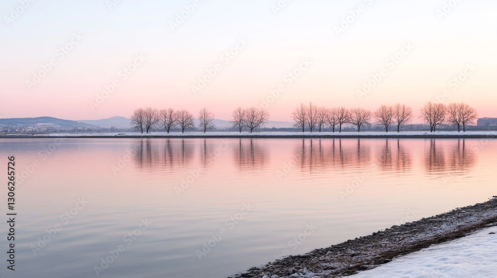Poster snow-covered trees line the riverbank, reflecting soft sunset colors on the calm water, creating a p
