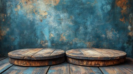 Fototapeta premium Rustic wooden platforms elegantly arranged against a textured teal backdrop. AI Generated