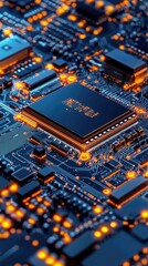 Fototapeta premium Close-up CPU on circuit board, glowing components, tech background, for tech articles