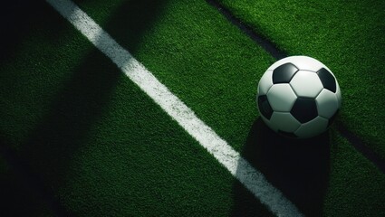Overview of the soccer game setting. A green artificial turf field featuring a white line alongside a soccer ball, captured from above.