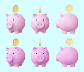 3D vector render of two-tone pink piggy bank icon set, multi-angle view with falling gold coins isolated on pastel blue background for graphic design. For finance, infographics, savings, budget manage