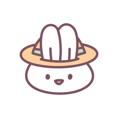 Cute bunny icon. Hand drawn illustration of a funny white rabbit wearing a hat isolated on a white background. Kawaii sticker. Vector 10 EPS.