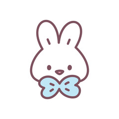 Cute bunny face icon. Hand drawn illustration of a funny white bunny with blue bow isolated on a white background. Kawaii easter sticker. Vector 10 EPS.