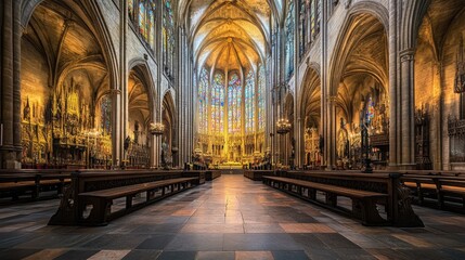 Fototapeta premium Magnificent Interior of a Gothic Cathedral: A Symphony in Stone and Light