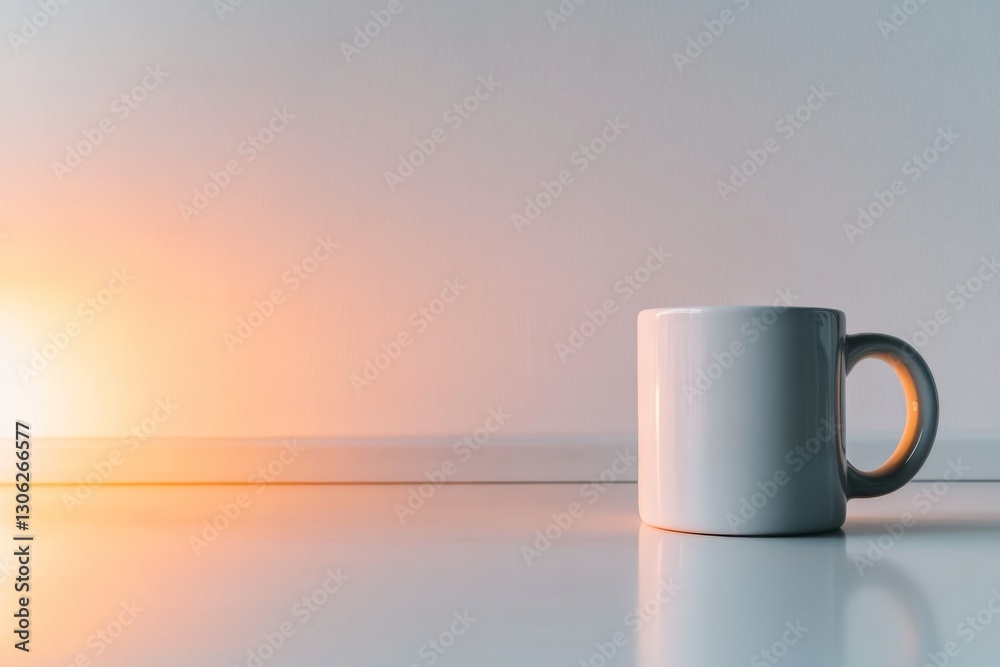 Poster a plain white ceramic mug sits on a smooth reflective surface against a soft gray backdrop. ideal fo
