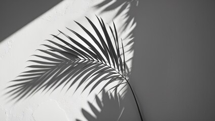 Obraz premium Silhouette of a palm leaf casting a shadow in an abstract design against a white wall background, featuring unoccupied space.