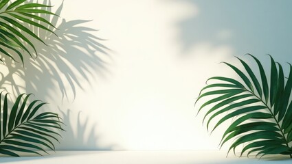 Fototapeta premium Backdrop featuring a white wall illuminated with shadows of palm leaves, complemented by a white surface. An abstract image evoking a tropical theme.