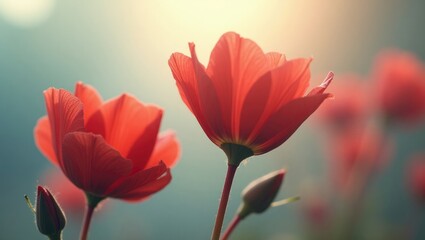 Vibrant red blossoms in sharp focus with a blurred, dreamy backdrop.