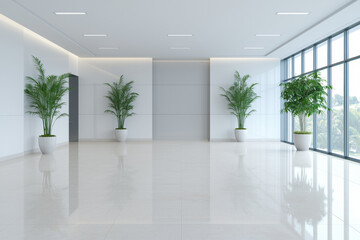 Obraz premium modern, spacious office lobby with large windows, potted plants, and sleek lighting