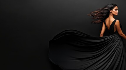 A woman in a black dress strikes a pose, showcasing the elegant flow of the fabric. Soft lighting emphasizes her silhouette against a dark backdrop
