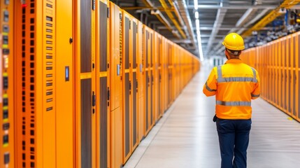 A telecommunications engineer inspects advanced equipment for 5G deployment in a modern facility, showcasing the cutting-edge of digital connectivity