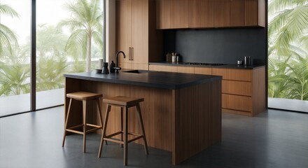 Modern Minimalist Wooden Kitchen with Black Countertop and Natural Light Interior Design