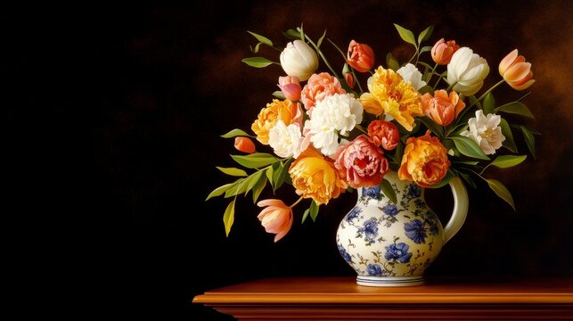 A vibrant bouquet of colorful flower in a decorative vase on a wooden table against a dark backdrop