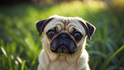 Pug Portrait on Lush Garden Grass