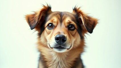 Detailed portrait of a mixed-breed canine, aged one and a half years, set against a white backdrop.
