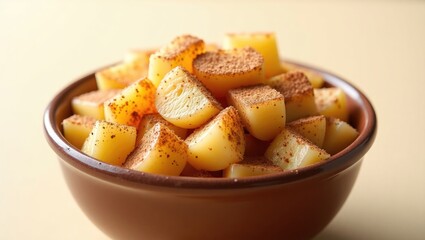 Bowl of apple pie filling featuring assorted sliced apples seasoned with spices like nutmeg and cinnamon. Close-up view.