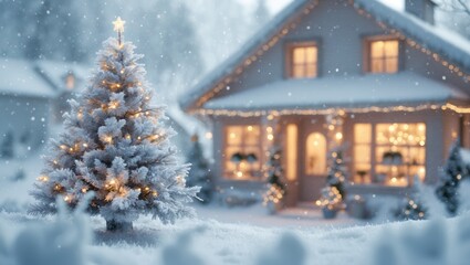 A seamless design featuring a Christmas tree, cozy home, and snowfall against a white background.