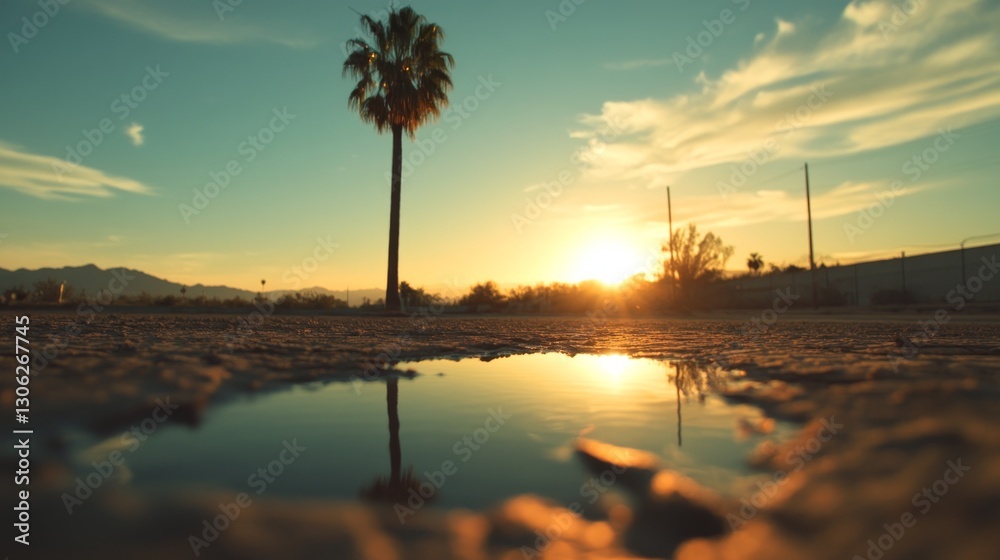 Poster a striking oasis emerges in a desert, showcasing a tall palm tree reflecting in a tranquil pool of w