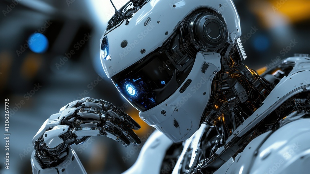 Poster futuristic humanoid robot in advanced machinery setting contemplating its design and function