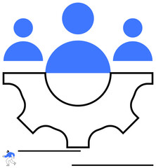 Three blue abstract figures on a gear represent collaboration, teamwork, planning, and synergy. Small figure running adds motion and dynamism. Ideal for workflow, productivity, partnerships