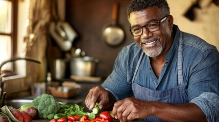 In a cozy kitchen, a senior man skillfully dices vibrant vegetables on a cutting board, enjoying a community cooking class with fellow participants