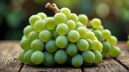 Cluster of fresh, bright green grape berries. Focus - cultivating grapes, making grape juice, producing wine, and creating balsamic vinegar.