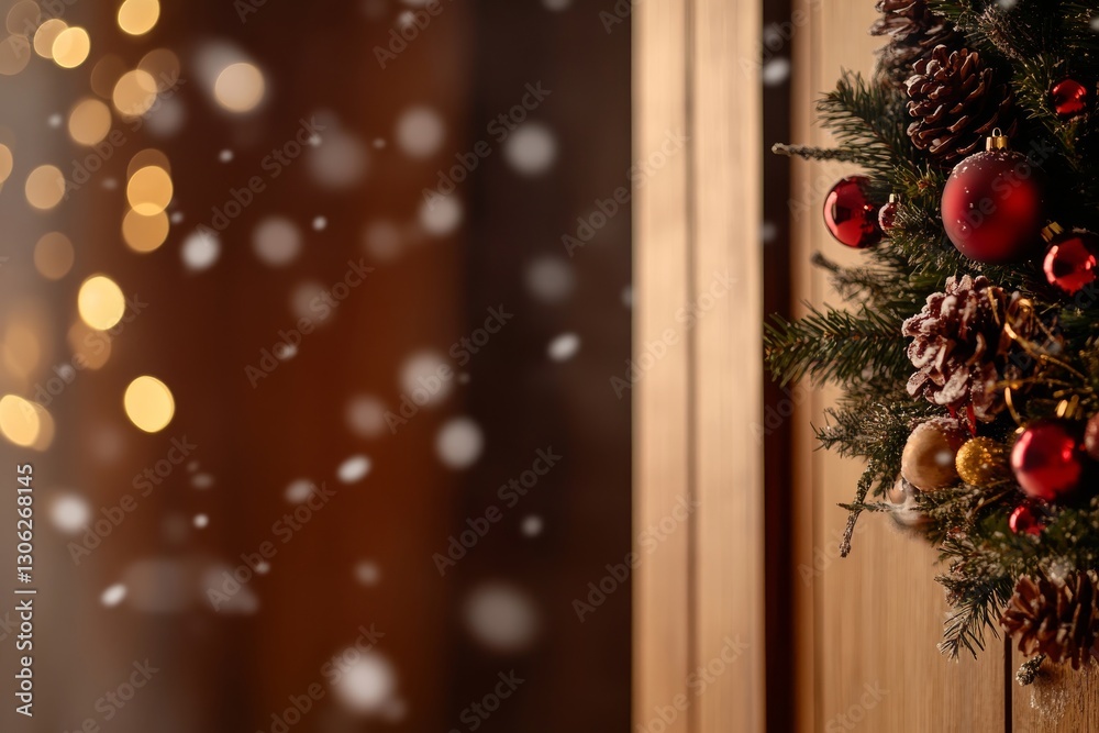 Poster a large evergreen wreath decorated with red ornaments and pinecones hangs on a rustic wooden door am