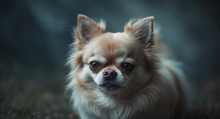 Irritated small dog of Pomeranian Chihuahua mix with soft, fluffy coat