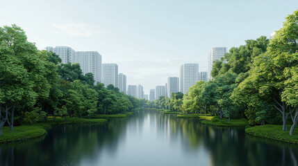 serene eco friendly cityscape with modern buildings surrounded by lush greenery and calm river