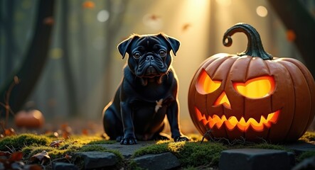 Obraz premium Pug in Front of a Jack-o'-Lantern