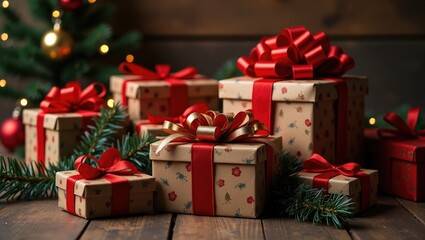 Obraz premium Holiday presents arranged on a wooden surface.