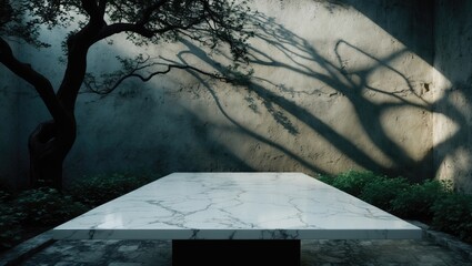 Backdrop for product showcases featuring a White Marble Table cast in tree shadows within a garden against a textured concrete wall.