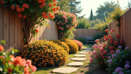 Obraz premium Charming garden vista featuring an array of shrubs and blossoms near a wooden fence, highlighting the beauty of the botanical space.