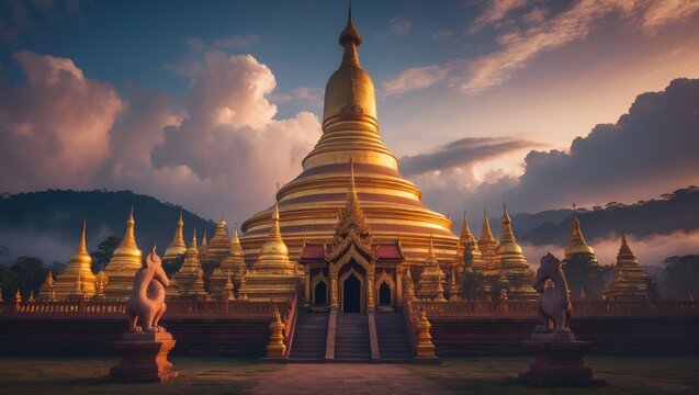 Stunning architecture of the ancient Shwedagon Pagoda, a renowned monument in Yangon, Myanmar, Southeast Asia, attracting many visitors in Yagon City.
