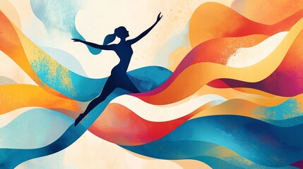 Colorful abstract illustration capturing fluidity and grace of dance. Silhouette of dancer surrounded by flowing, dynamic waves of vibrant colors, conveying motion, energy, International Dance Day