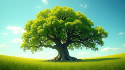 Lush tree standing in a meadow under a bright sky.